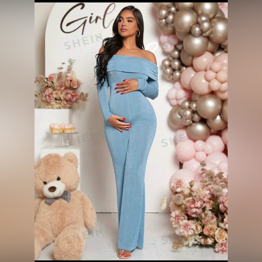 Maternity off the shoulder flare leg jumpsuit